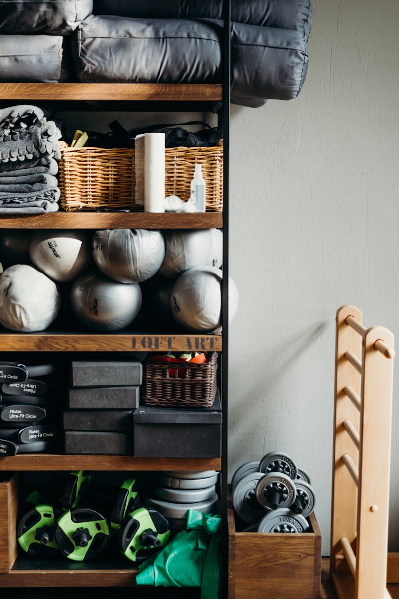 Neatly arranged gym and yoga equipment on wooden shelves, perfect for fitness studios.